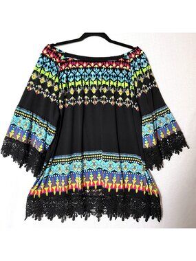 Ali Miles Tunic Womens Sz1X Off Shoulder Neckline Crochet 3/4 Sleeves & Hem